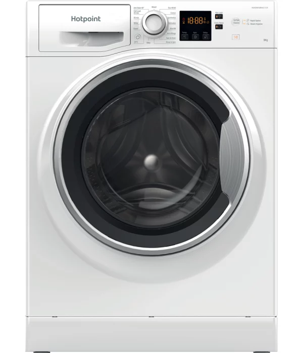 Hotpoint NSWE846WSUK 8KG 1400rpm A-rated washing machine in white, offering energy efficiency and best value in Ireland for high-performance laundry care