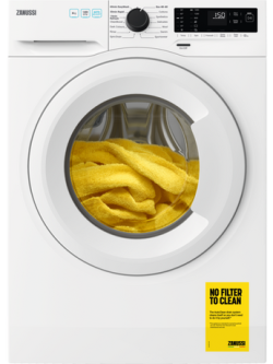 Zanussi ZWF842C3PW washing machine, white color, front-loading design with a 8kg capacity. Features a digital display, multiple wash programs, energy-efficient operation, and modern design suitable for family use