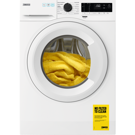 Zanussi ZWF842C3PW washing machine, white color, front-loading design with a 8kg capacity. Features a digital display, multiple wash programs, energy-efficient operation, and modern design suitable for family use